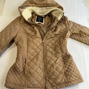 Women's Tan Cavalini Hoodie Jacket Size Petite Small cinched waist‎ front zip